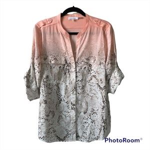 Calvin Klein Peach Snake Print Roll Tab Sleeve Mandarin Collar Blouse